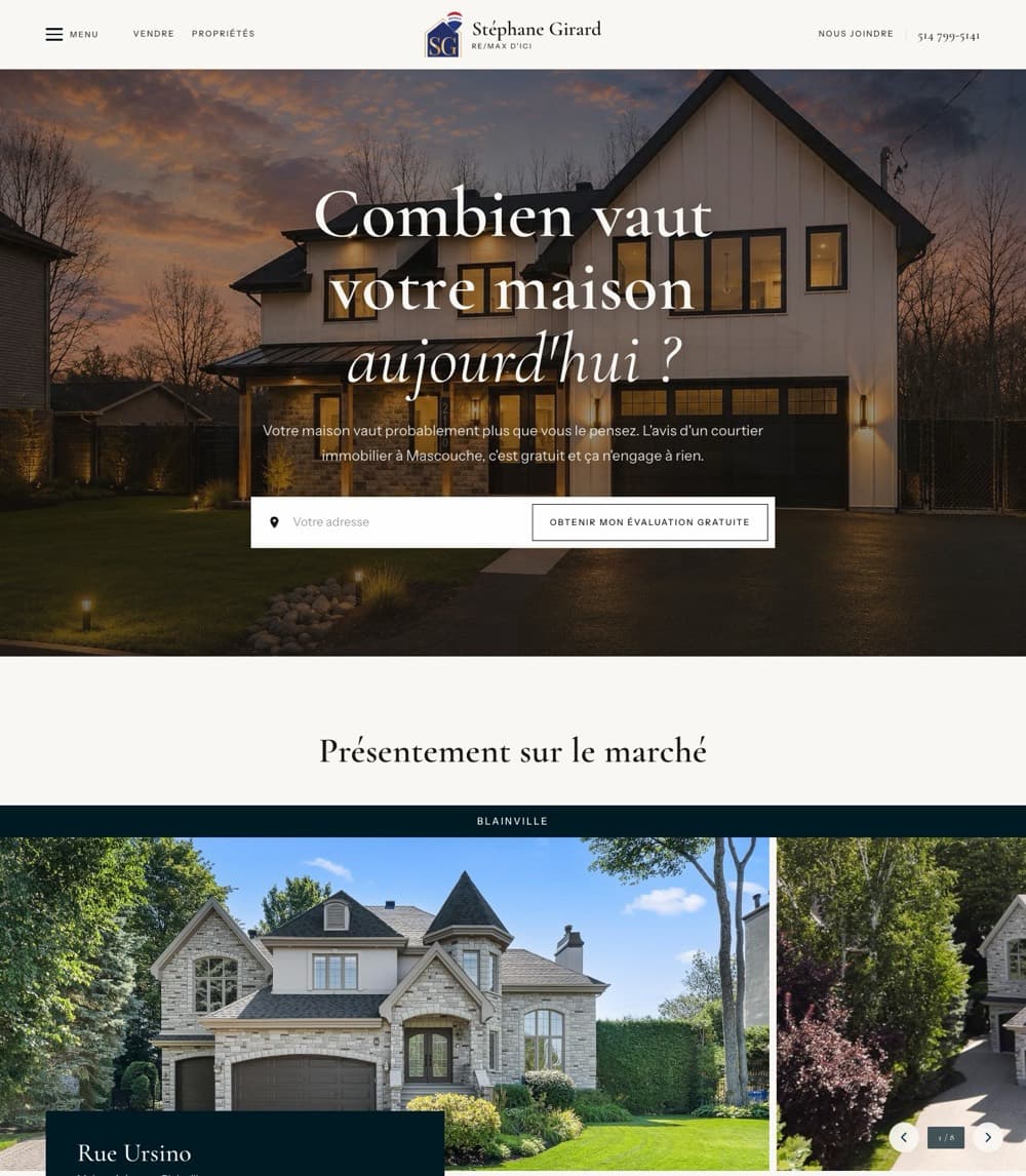 Site web de Stéphane Girard, courtier immobilier RE/MAX, conçu par Justine Rodier